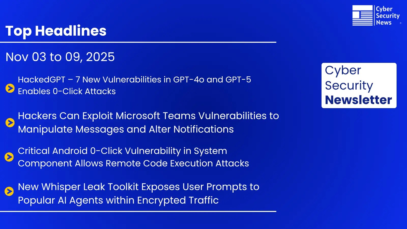 Cybersecurity News Weekly Newsletter – Android and Cisco 0-Day, Teams Flaws, HackedGPT, and Whisper Leak